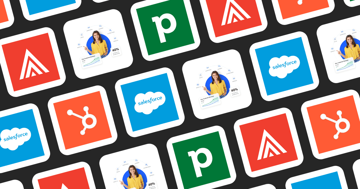 Logos of Salesmate, Salesforce, HubSpot, Pipedrive, and Warmrank on a grid for sales management software comparison